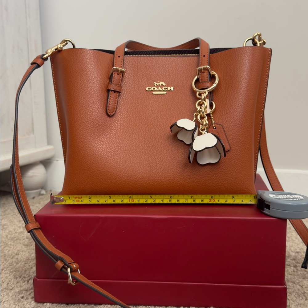 Coach Tan Leather Shoulder Bag with Floral Charms